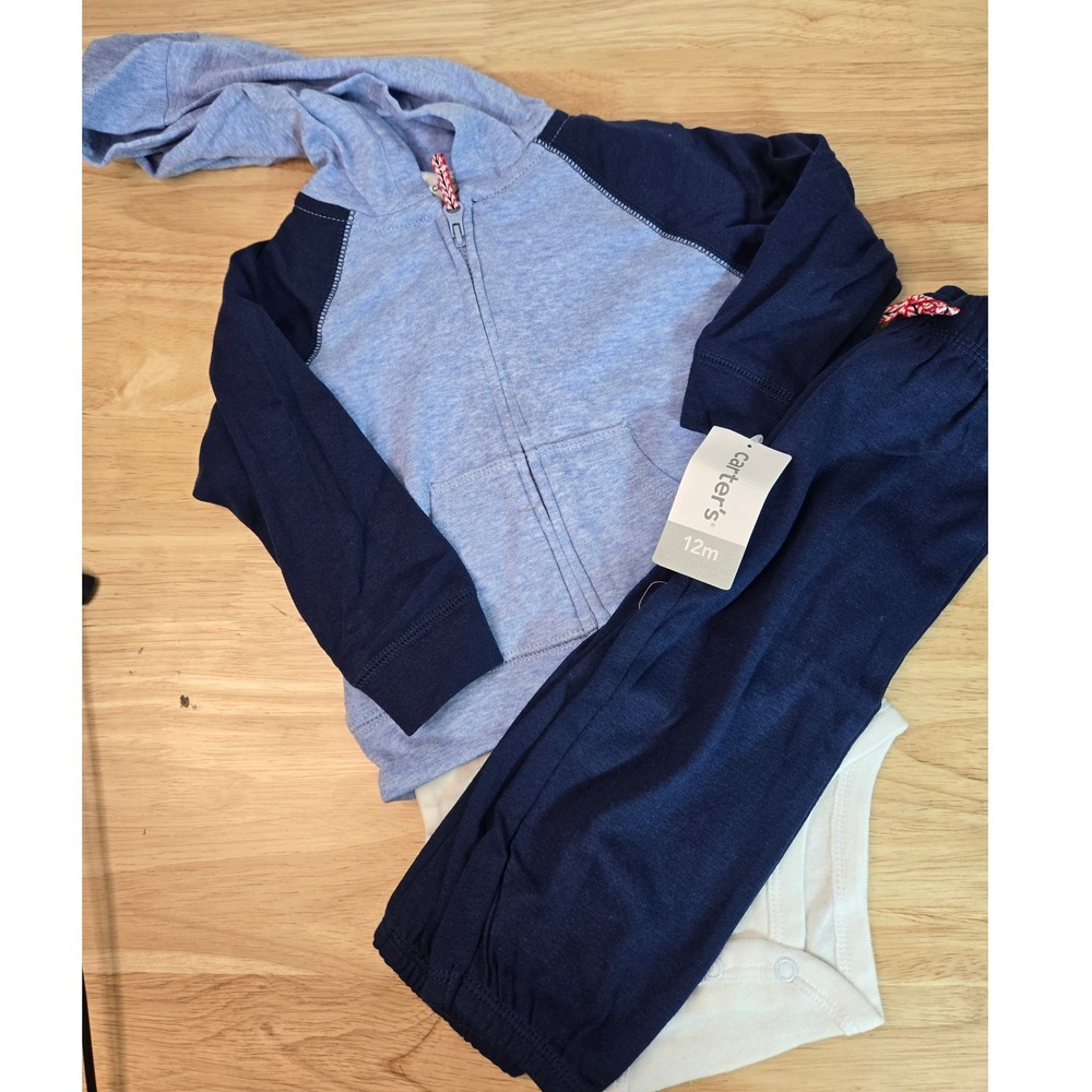 Carters Baby Boys 3 Piece Hoodie Joggers Bodysuit Set Blue Tiny Team 12M NWT